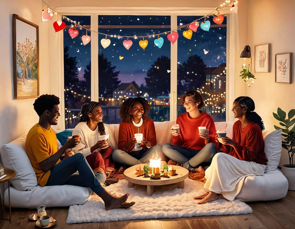 A warm and inviting virtual gathering scene featuring people of diverse backgrounds smiling and interacting through their screens. Add whimsical heart motifs floating around them to emphasize connection and companionship. Include cozy elements like soft blankets, warm drinks, and fairy lights to enhance the magical atmosphere. The overall tone should be colorful and uplifting, evoking a sense of joy and togetherness. vibrant colors. cozy illustration. whimsical style.