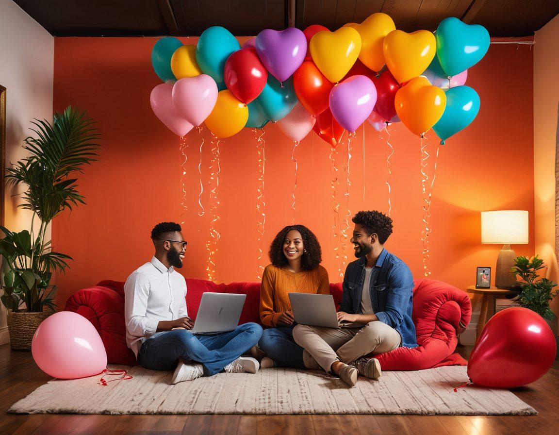 A warm and inviting virtual event setting featuring diverse couples engaging through their laptops, surrounded by heart-shaped balloons and vibrant decorations. The background showcases a cozy, virtual gathering space with soft lighting and a large screen displaying a lively online discussion. Include elements of technology like chat bubbles and emojis to symbolize connection. Create a sense of romance and community spirit. vibrant colors. digital art.